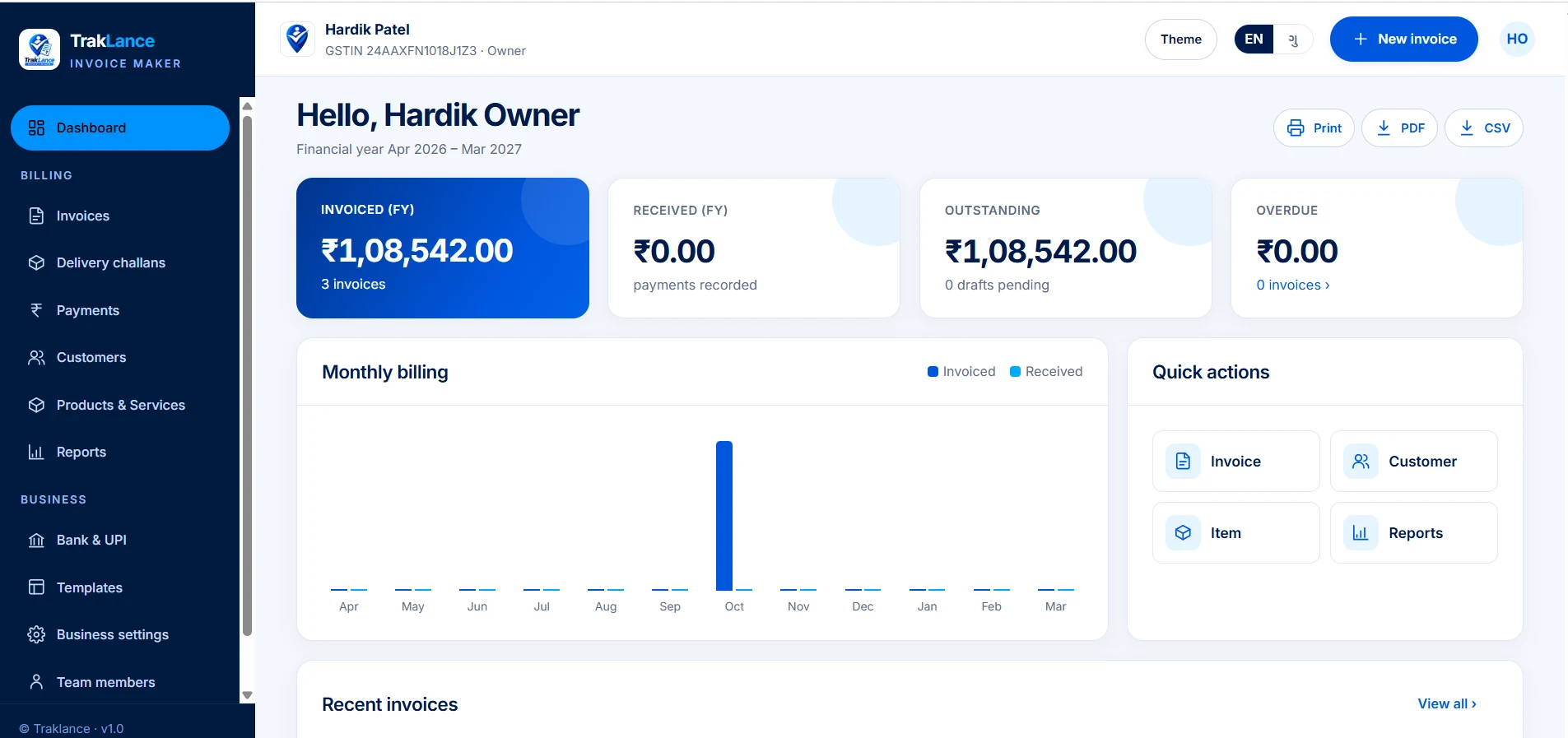 TrakLance Invoice Maker dashboard